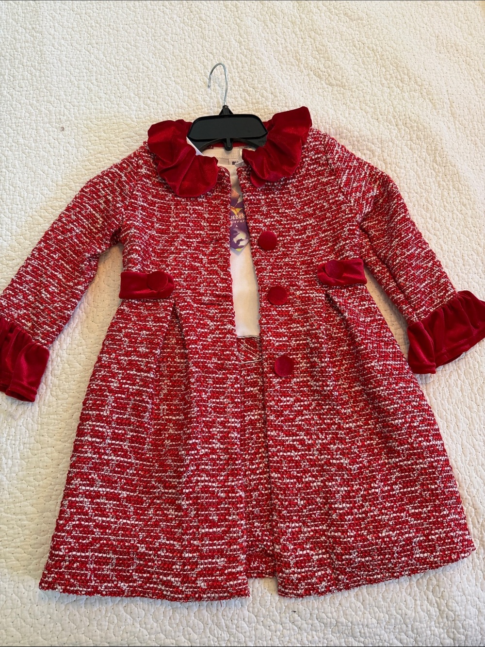 Blueberi Boulevard Red Tweed Coat with Velvet Trim and dress set